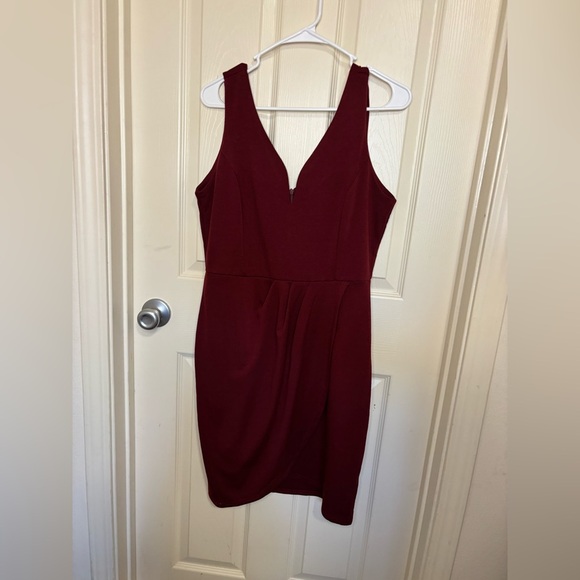 Oxiyuly Dark Red Wrap V-Neck Bodycon Cocktail Dress | Size L - Picture 6 of 6
